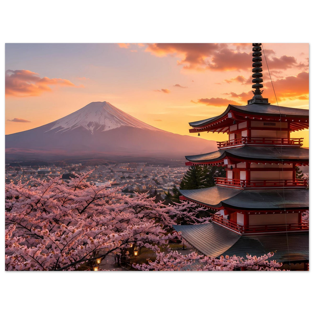 Poster mit Mount Fuji, Kirschblüten im Vordergrund und roter Pagode rechts