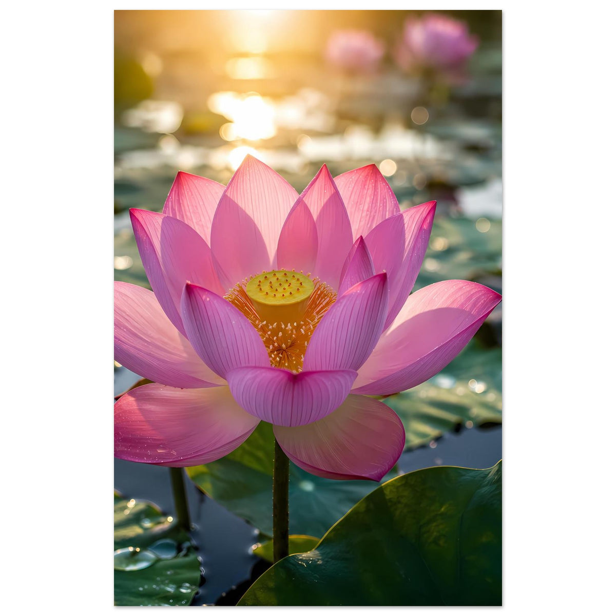 Poster mit zentrierter rosa Lotusblüte im Wasser, umgeben von grünen Blättern.