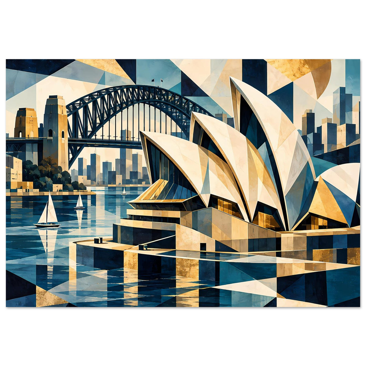 Poster mit geometrischem Sydney-Hafenmotiv, Opernhaus, Brücke, Segelboote und Wasserlinien