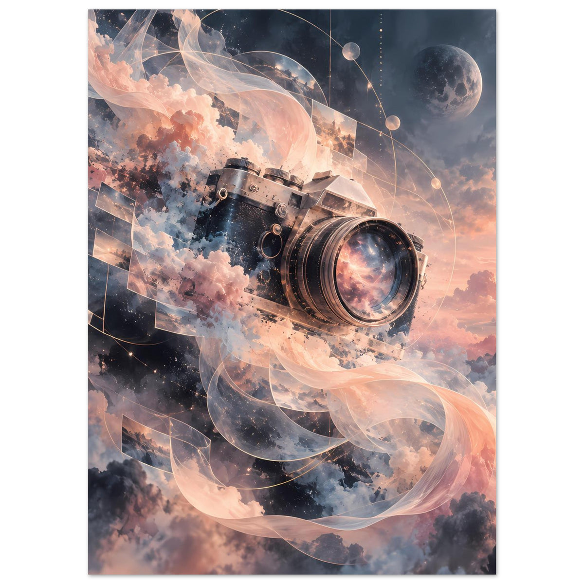 Kameraposter mit Retro-Kamera, orangefarbenen Rauchströmen, Kreisen und Mond im Hintergrund