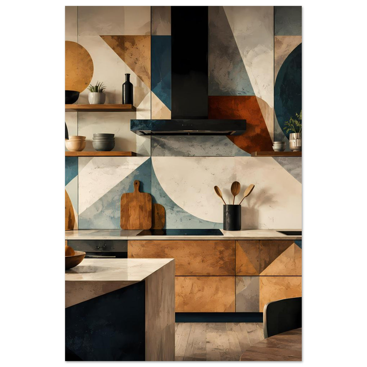 Küchenkunst-Poster mit Schneidebrett und Deko-Topf, geometrische Muster in warmen und kühlen Tönen