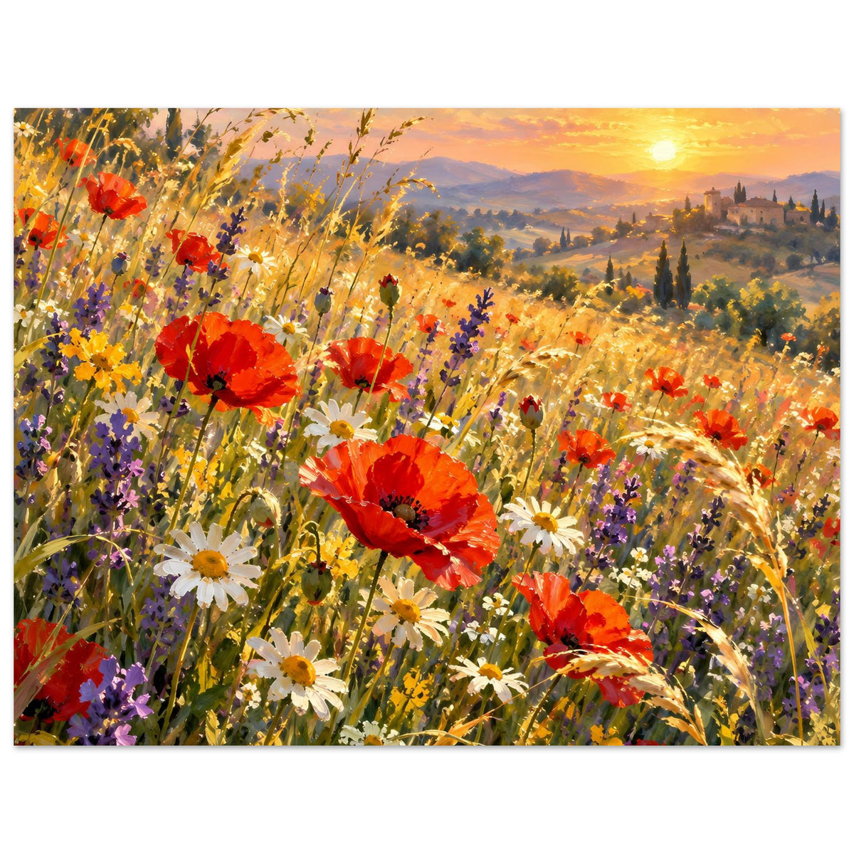 Wildblumenposter: dichtes Feld aus Mohn, weißen Blüten und gelben Halmen bei Sonnenuntergang.