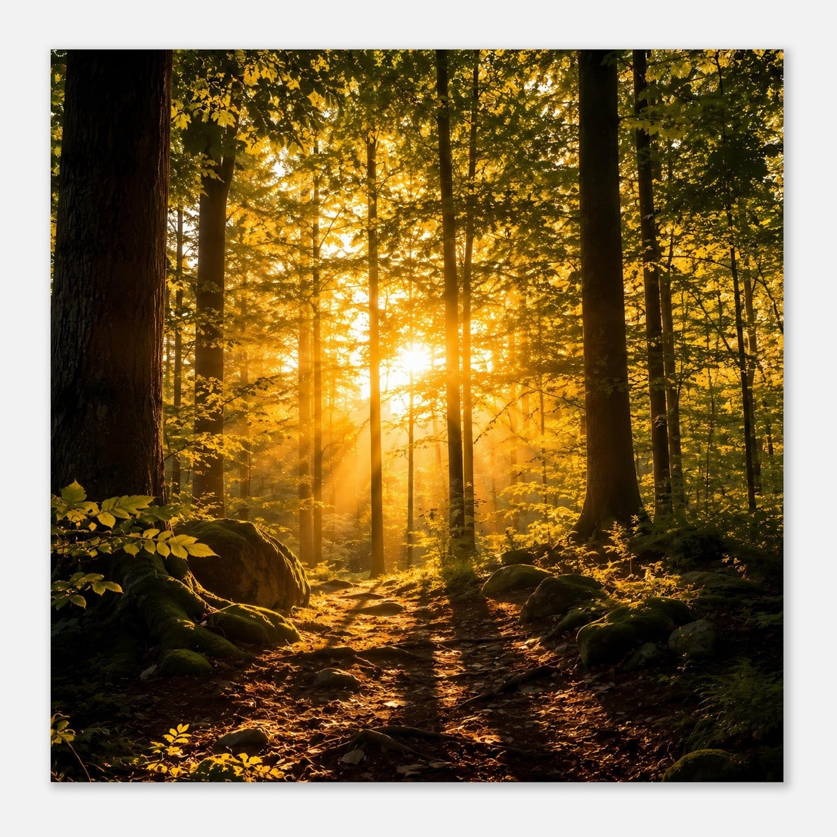 Waldposter in Rahmenoptik: Pfad im Sonnenlicht zwischen Bäumen