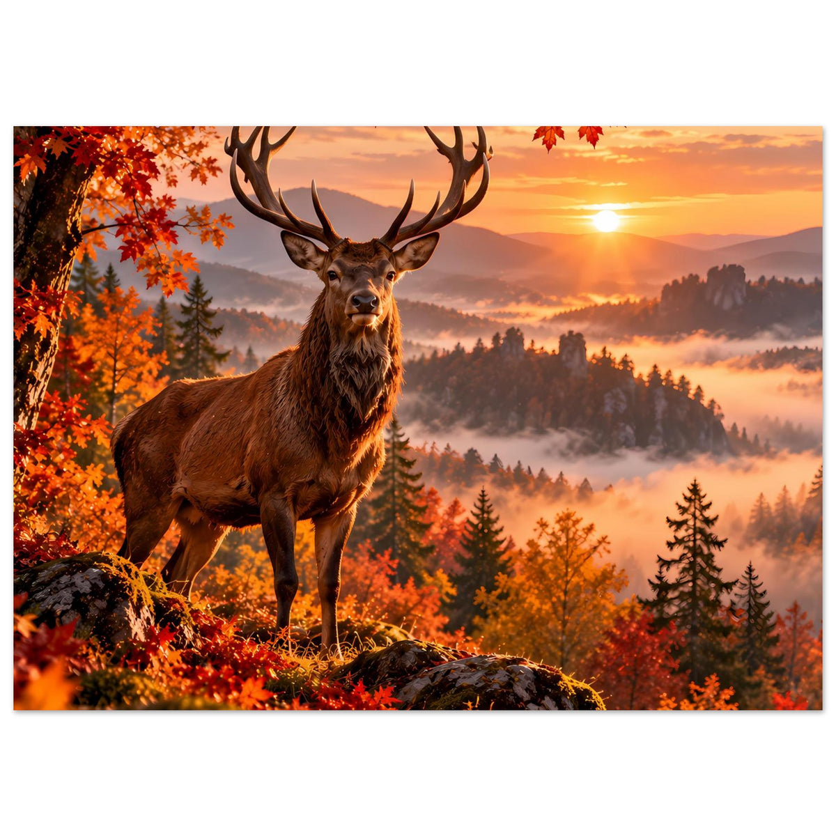 Hirschposter mit Geweihhirsch, Herbstfarben in Orange und goldenem Sonnenuntergang