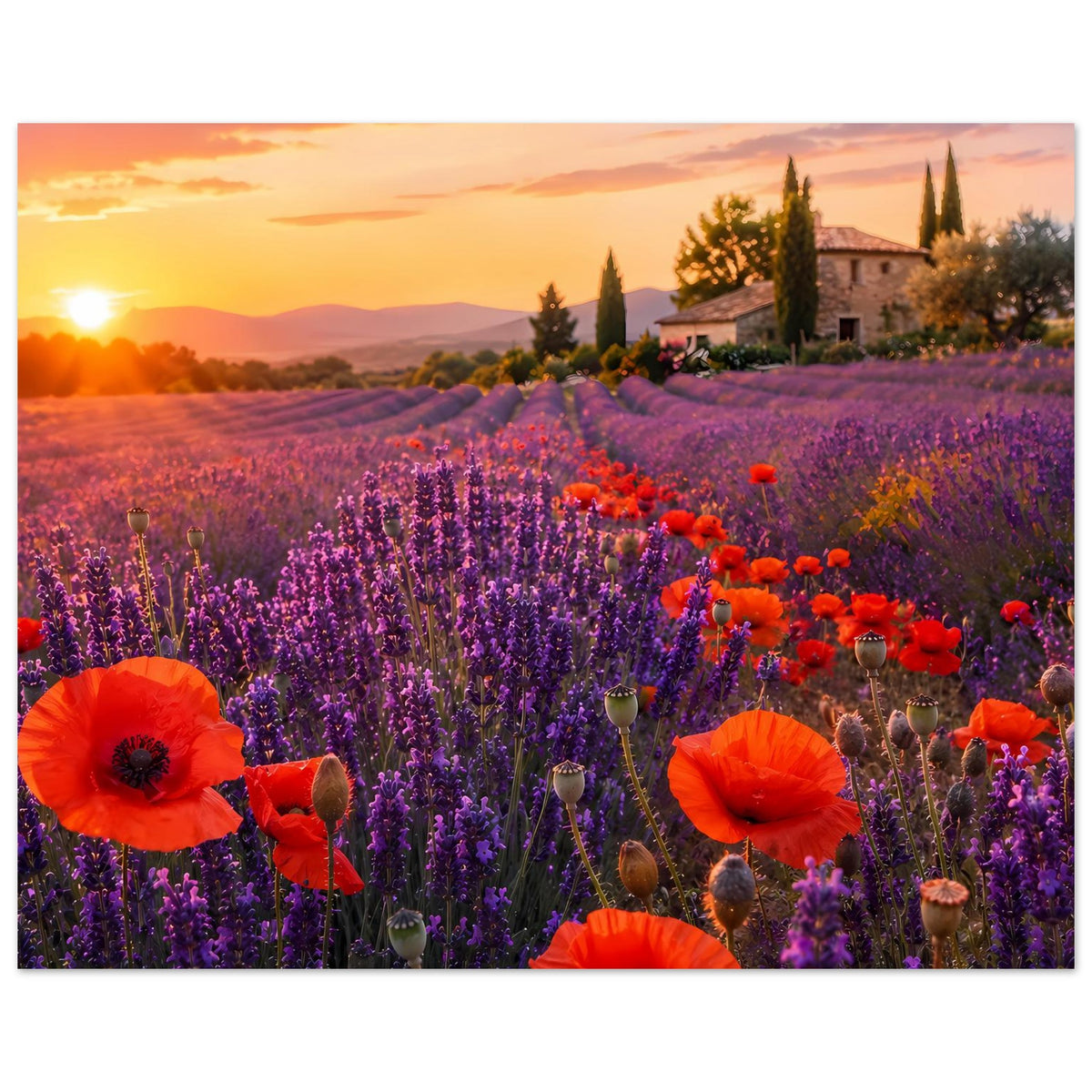 Blumenposter: Lavendelfeld mit roten Mohnblumen, Weg und Haus bei warmem Sonnenuntergang
