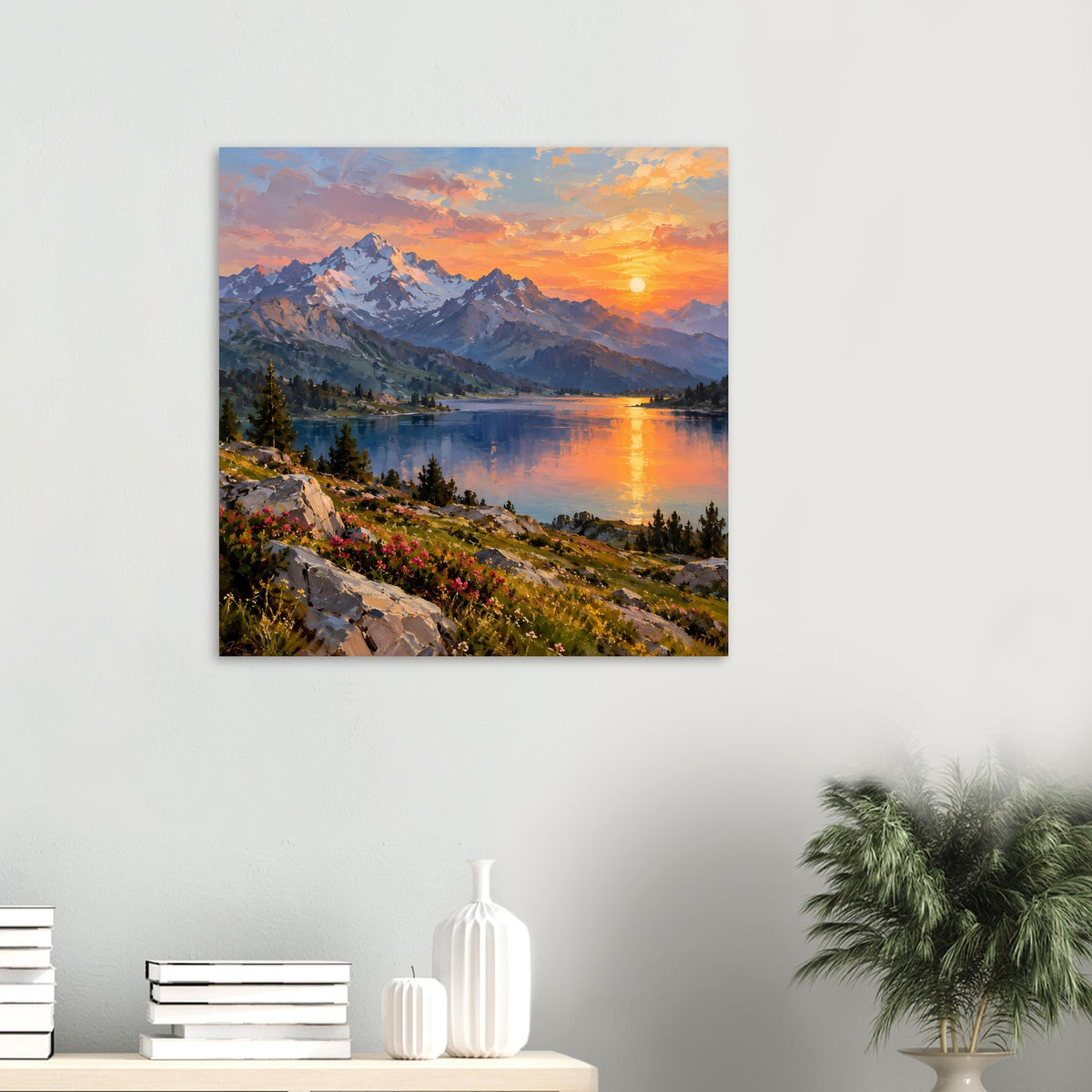 Wandposter (klein) im Querformat: Alpenpanorama mit Bergsee, Abendsonne über ruhigem Wasser