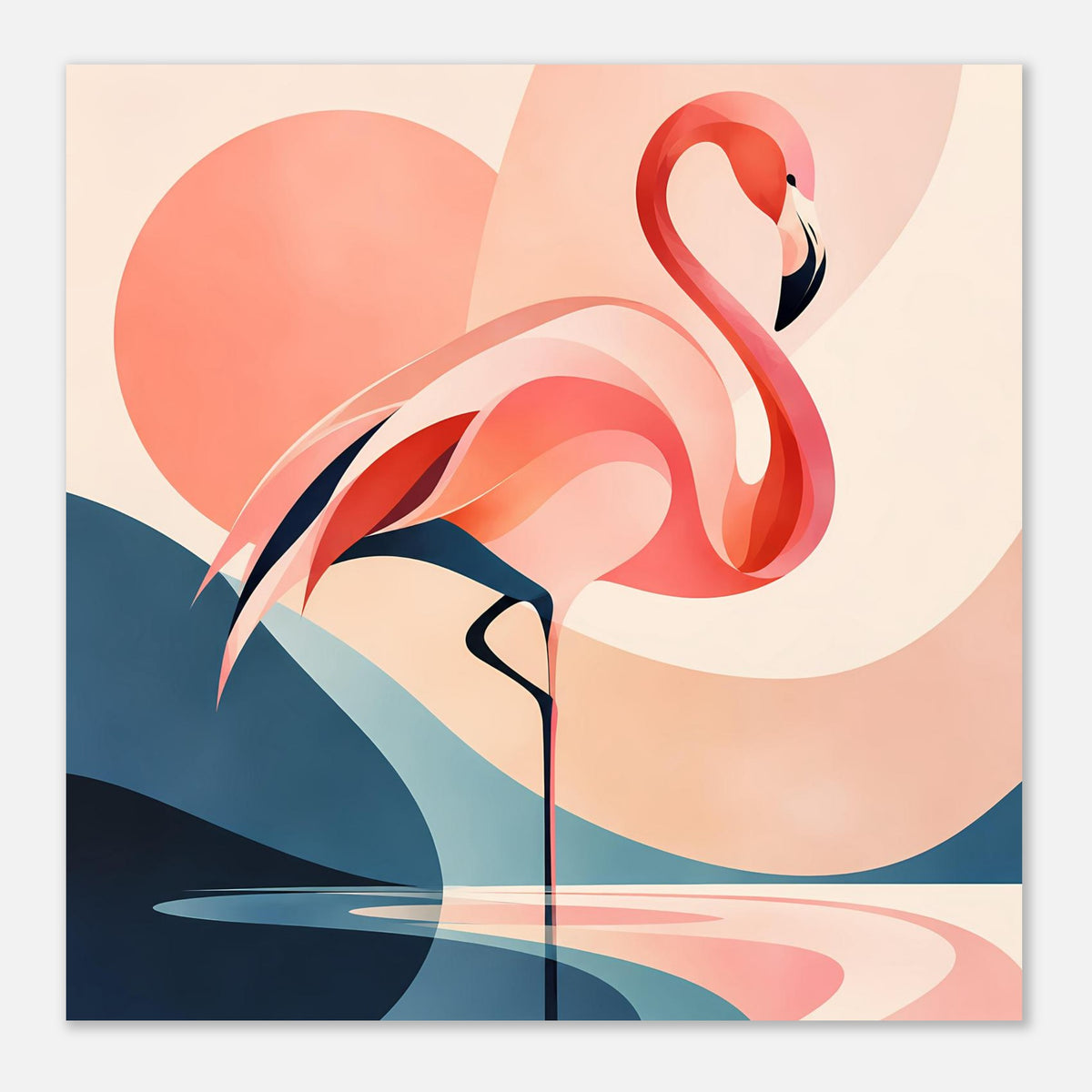 Flamingo-Sonnenuntergang Kunstdruck: roter Flamingo mit Pastellkreisen und blauem Wasserstreifen.