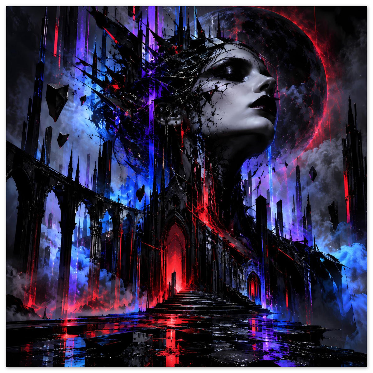 Gothic-Fantasy-Poster mit Profilkopf, schwarzen Türmen, Neonrot, -blau und Nebel