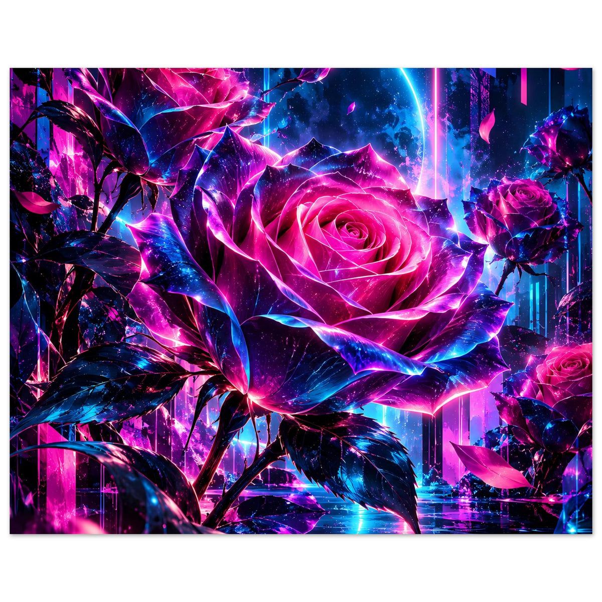 Kunstposter mit zentraler Neonrose, Pink-Blau Lichtblumen und tropfenden Akzenten