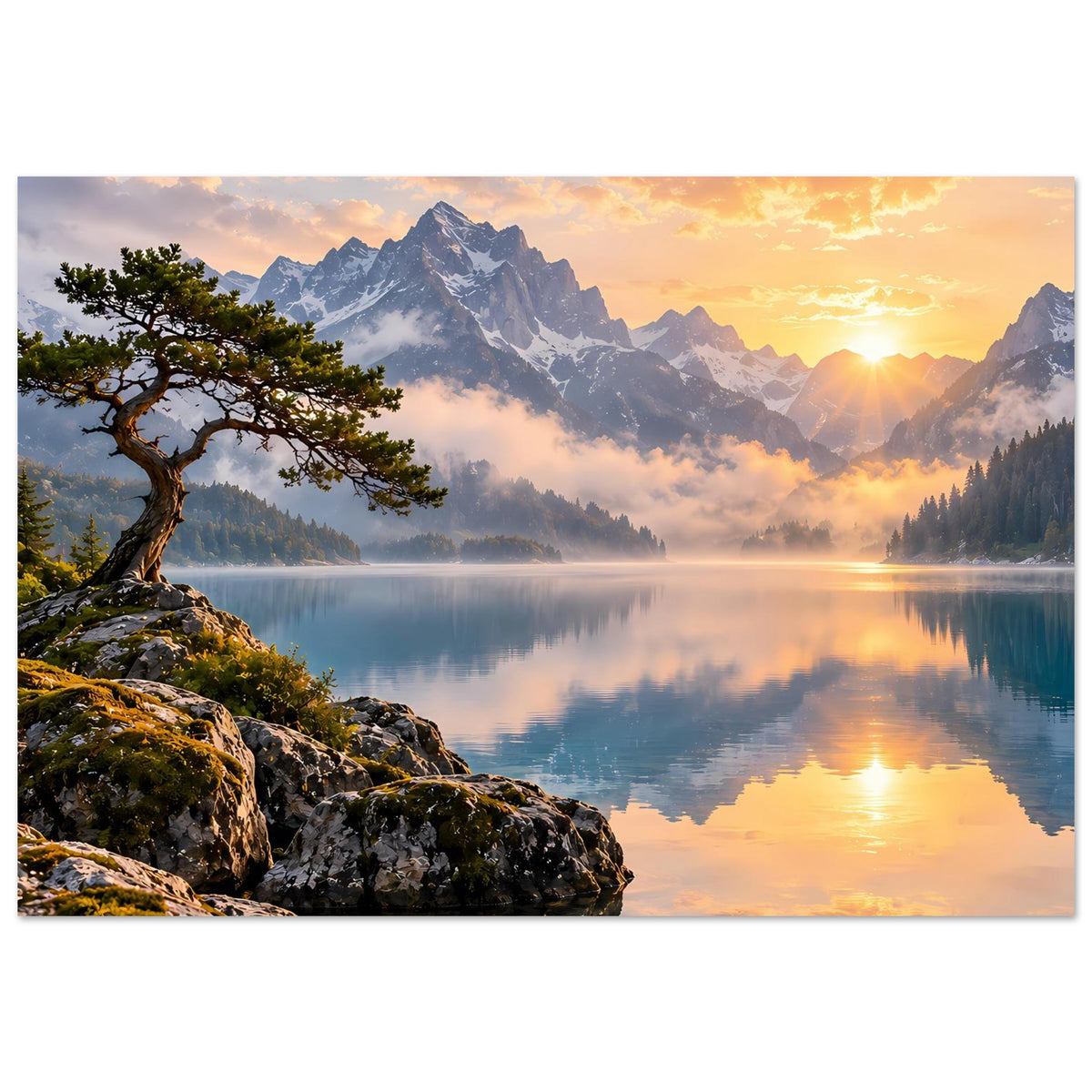 Horizontales Poster: Bergpanorama bei Sonnenaufgang, reflektierender See, Felsen und Baum