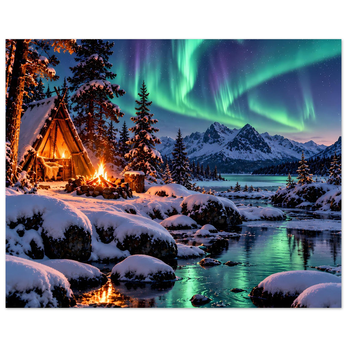 Winterlandschafts-Poster: Lagerzelt am Feuer, verschneite Ufer und grünes Nordlicht über Bergen