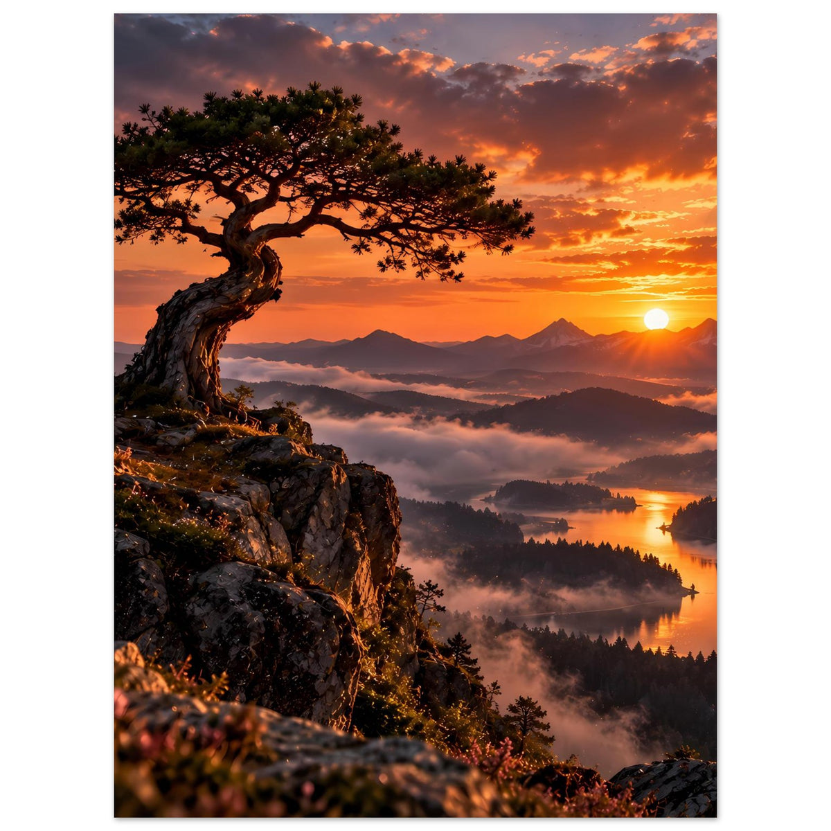 Landschaftsposter mit uralter Baumkrone über Felsen, Sonnenaufgang über nebligen Bergen