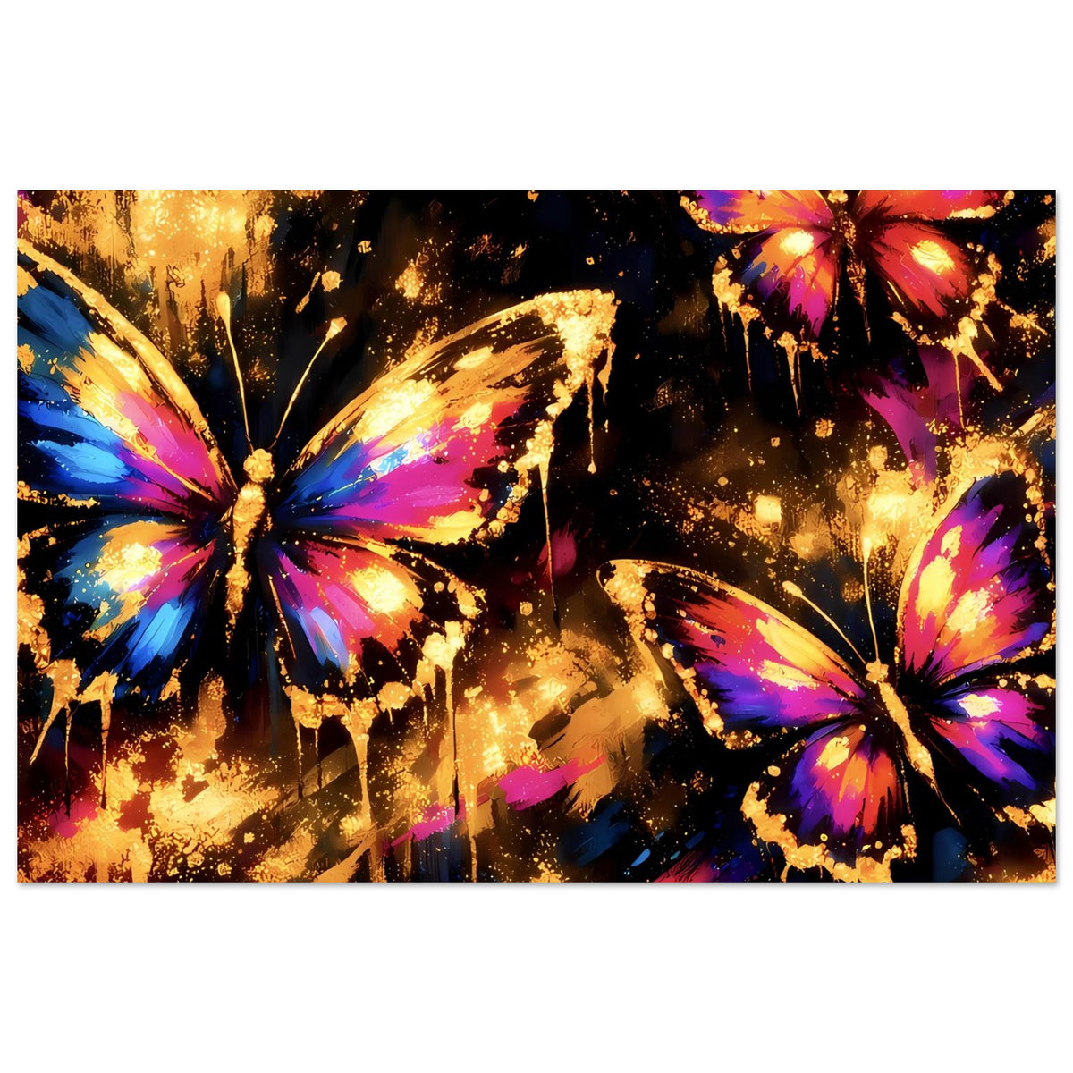 Kunstposter im Querformat: Schmetterlinge in Blau, Pink und Violett, goldene Sprenkel über dunklem Motiv