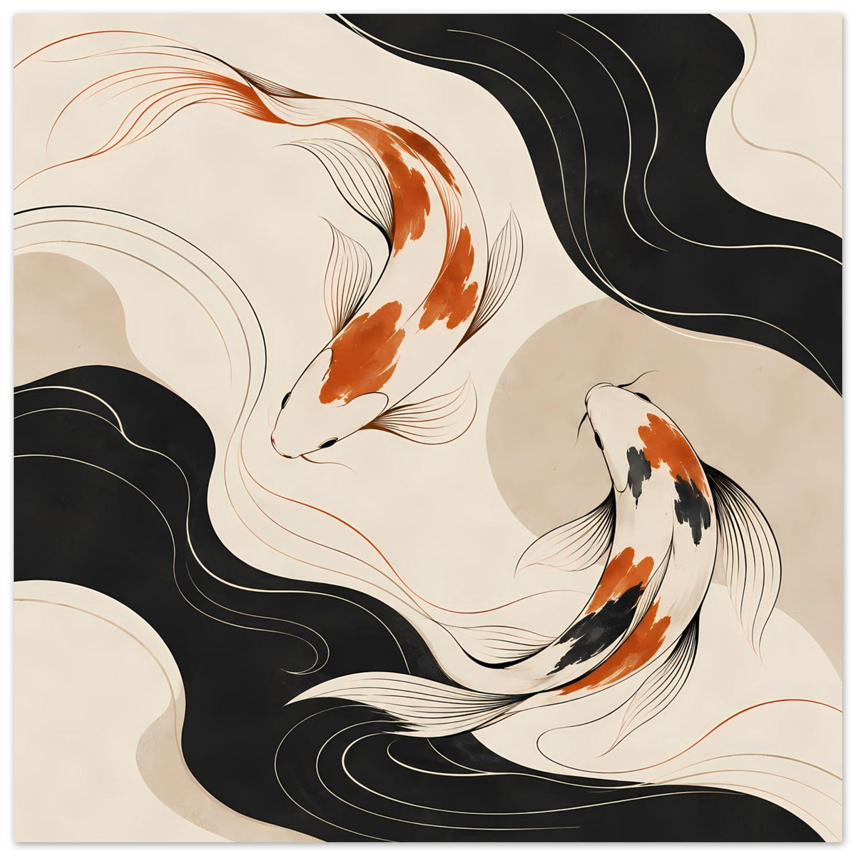 Japanisches Poster mit Koi-Fischen im Wellenfluss, schwarz-beige, naher Ausschnitt