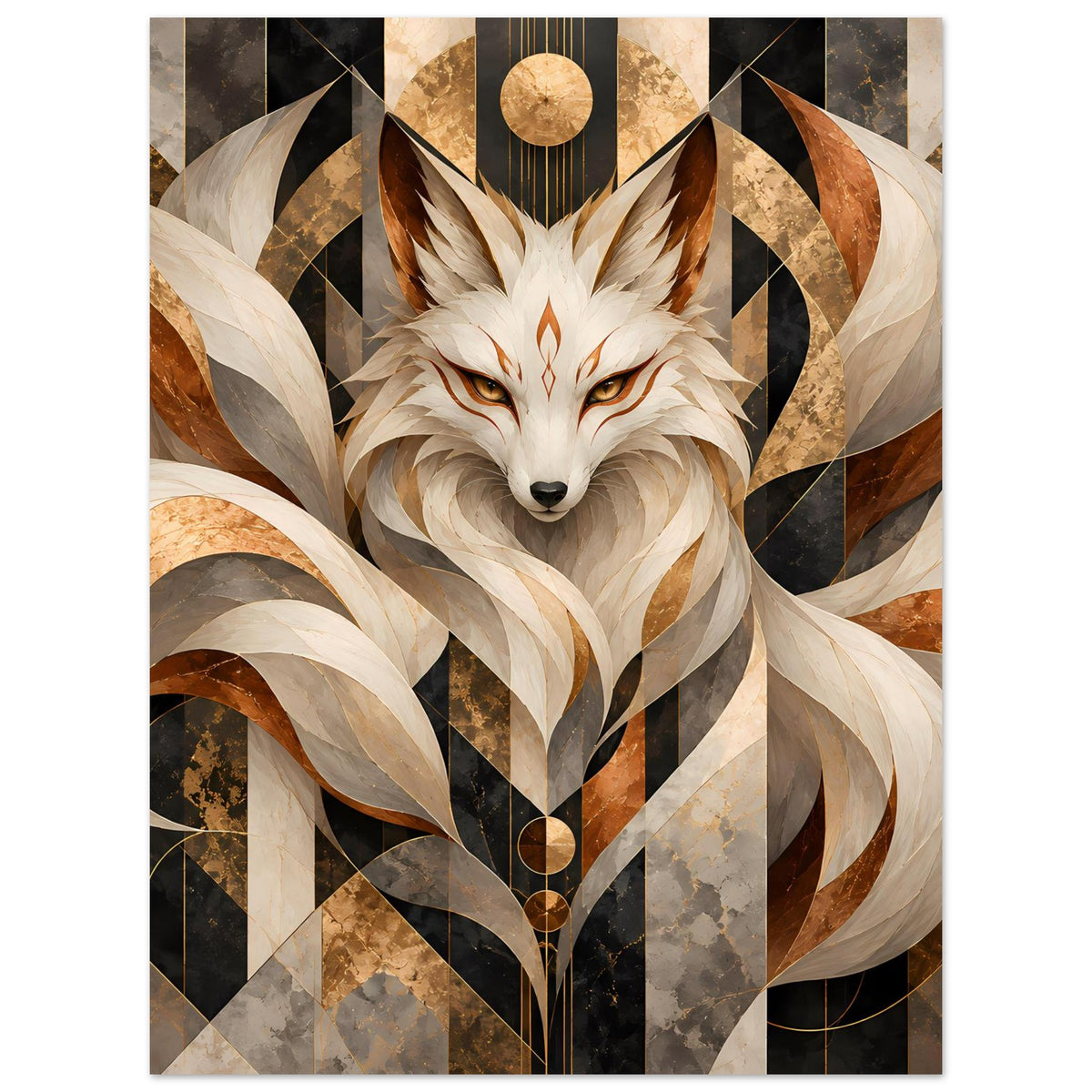 Geometrisches Fuchs-Poster mit Fuchsmotiv: goldene Ornamente, Rauten und geschwungene Bänder