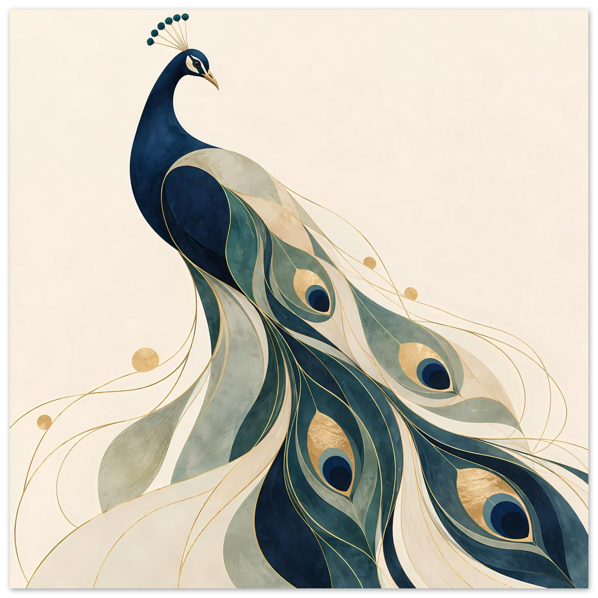 Poster mit Pfau in Blau, Grün und Gold, Federaugen, leicht angeschnitten
