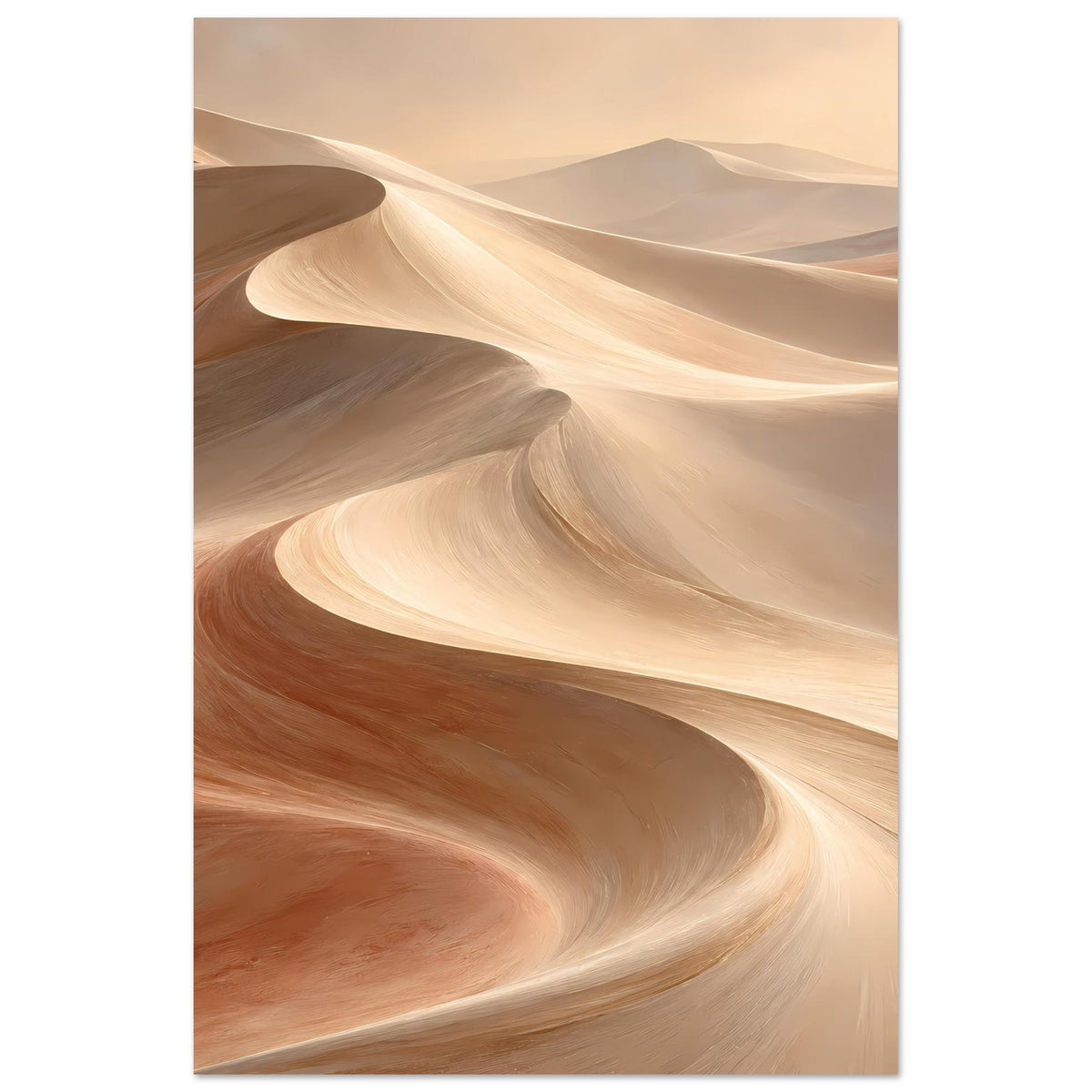 Poster mit Sanddünen in Creme, Beige und Rostrot, geschwungene Dünenwellen im Hochformat