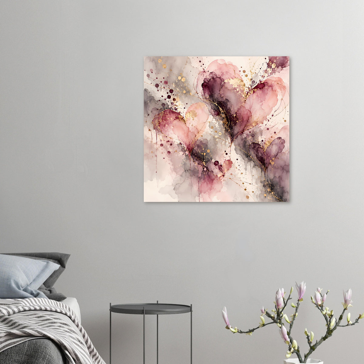 Kleines Poster mit abstrakten Herzen in Rosa- und Violetttönen mit Gold-Sprenkeln