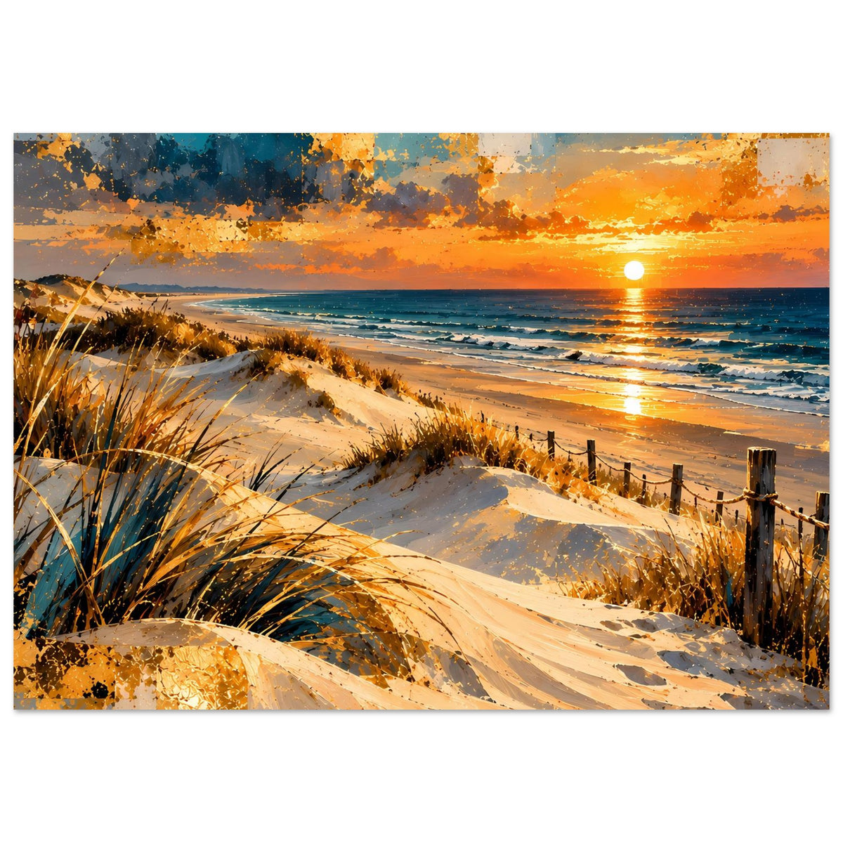 Poster im Querformat: Sandhügel, Küste mit Wellen und leuchtende Sonnenuntergangsscheibe