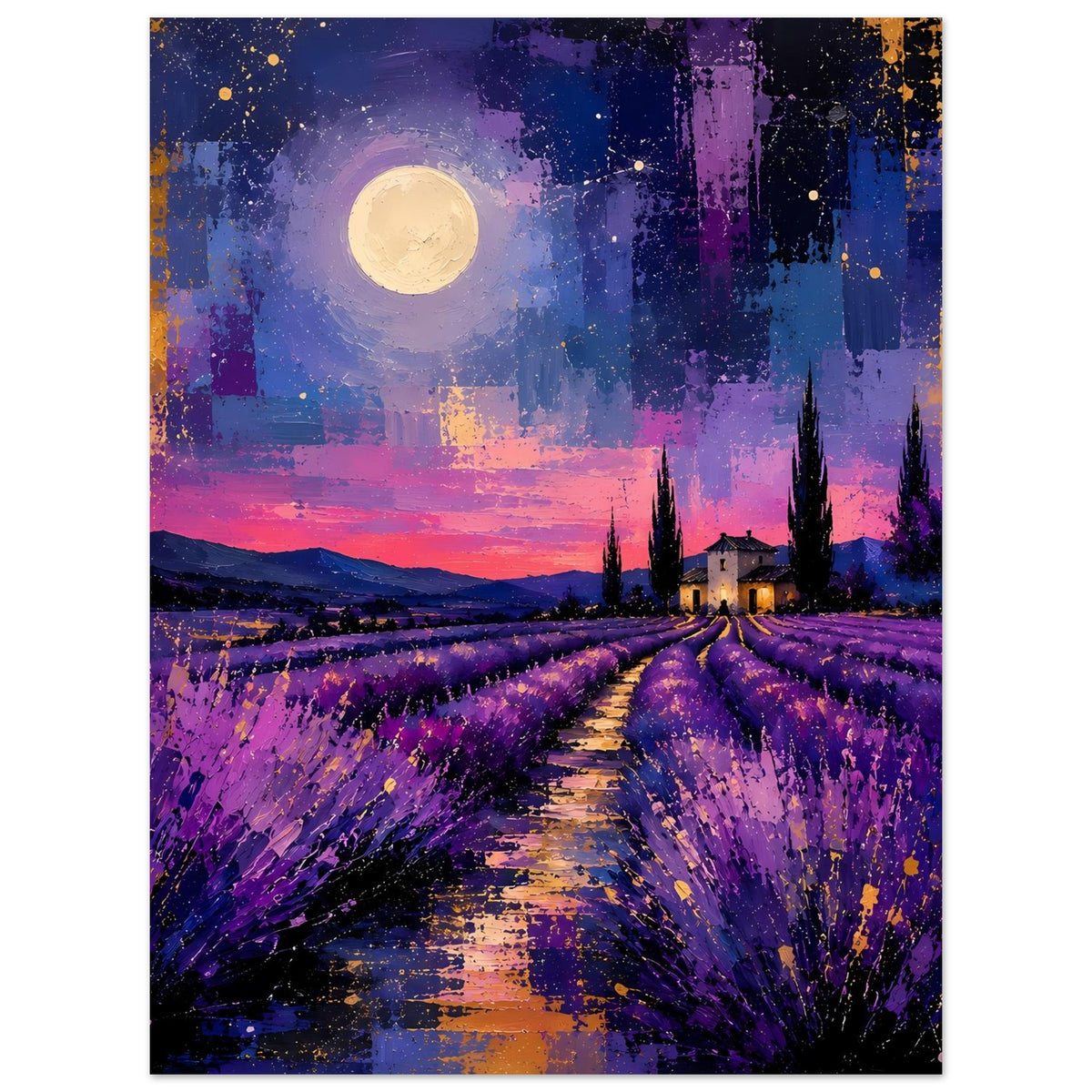 Quadratisches Poster mit Lavendelfeldweg, hellem Mond über lila Himmel und Zypressen