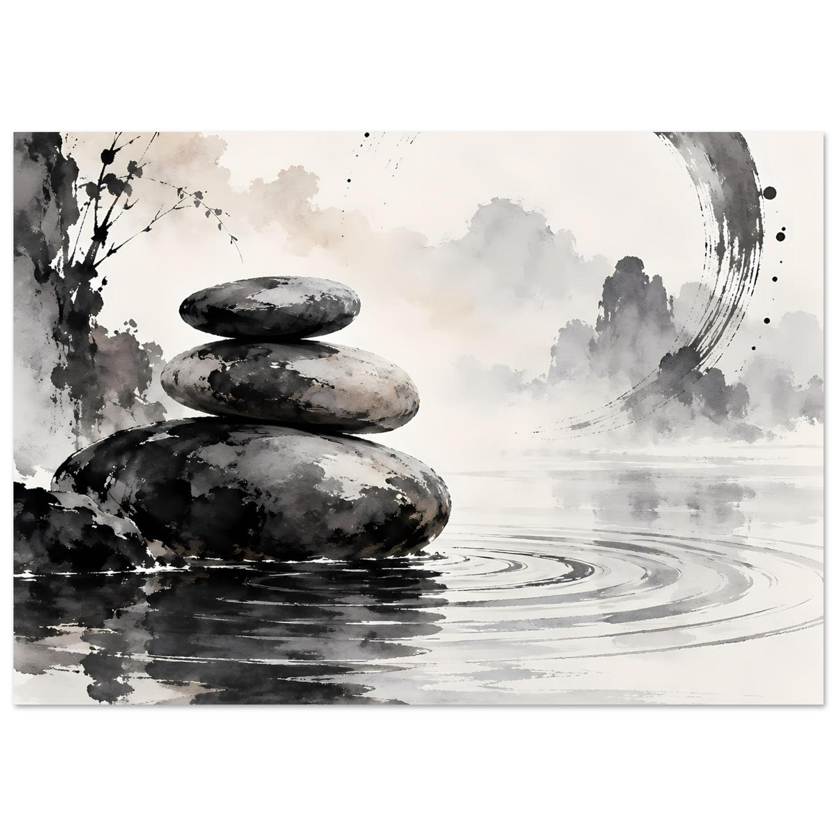Zen-Balance Poster (Querformat) mit Stein-Stapel, Wasserspuren und dunklen Spritzern in Schwarzweiß