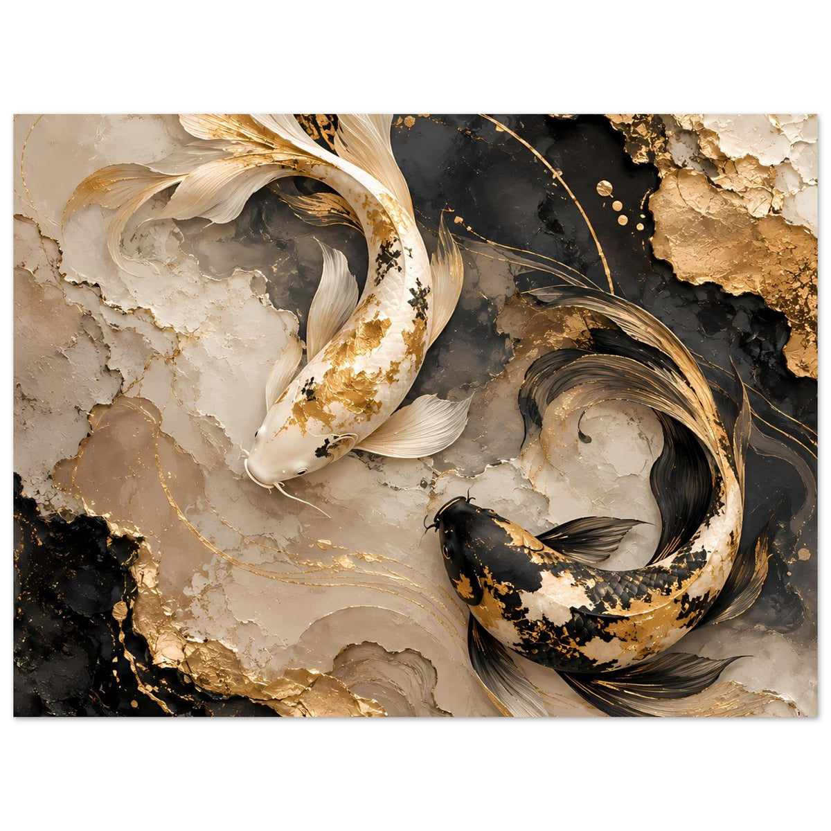 Wandposter mit goldenen Koi-Fischen auf schwarzem und beigem Marmor, abstrakte Linien