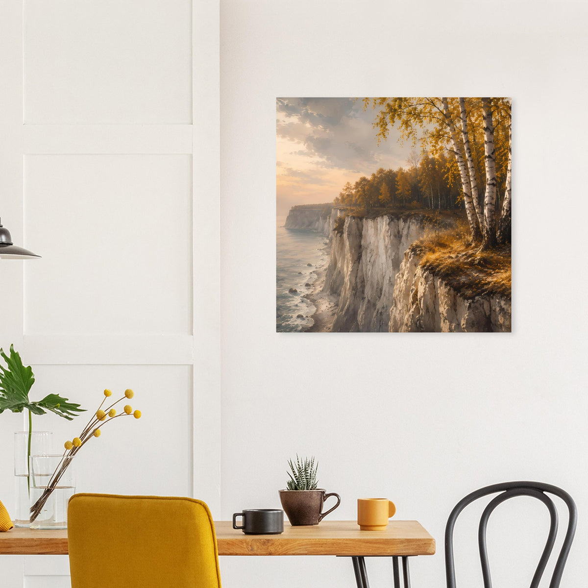 Mattes quadratisches Poster mit Küstenklippen und Uferwald im Abendhimmel