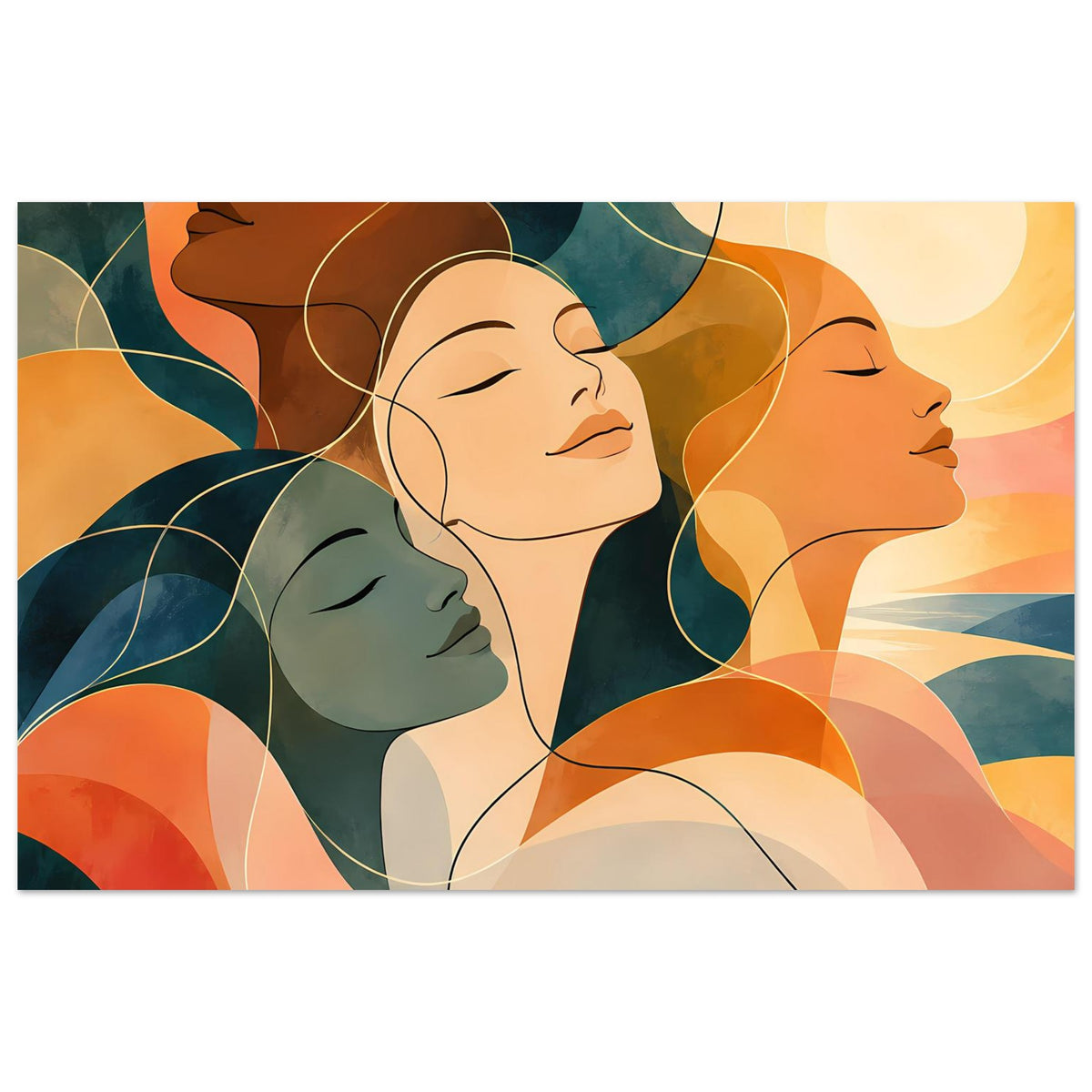 Kunstposter im Querformat mit vier Frauenporträts in Erdtönen und Blau
