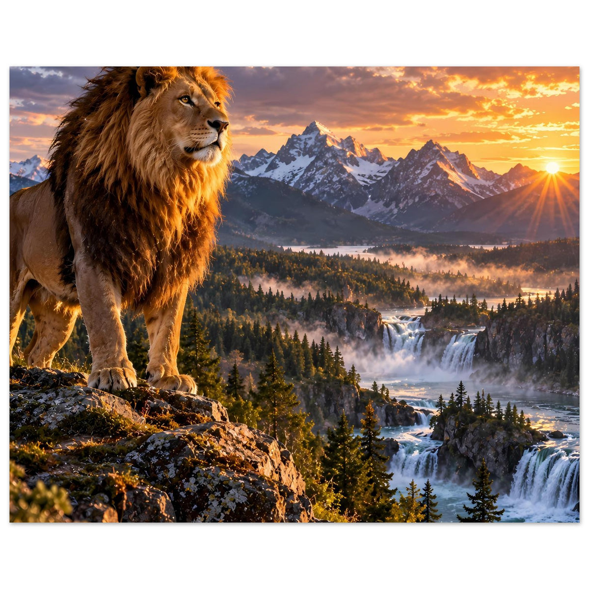 Poster im Querformat: brüllender Löwe am Felsen mit Sonnenaufgang und Flussläufen