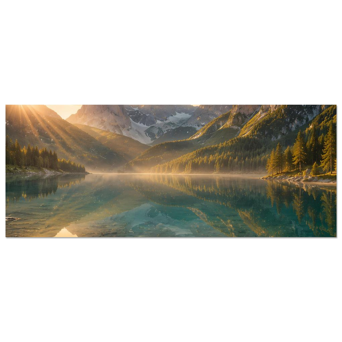 Horizontales Poster mit Bergsee bei Sonnenaufgang, Spiegelung im stillen Wasser