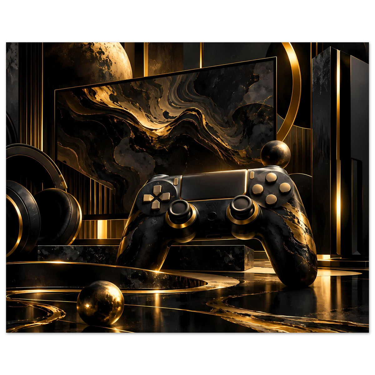 Gaming-Poster mit Gamecontroller, Schwarz-Gold-Abstraktion mit planetarischer Kugel