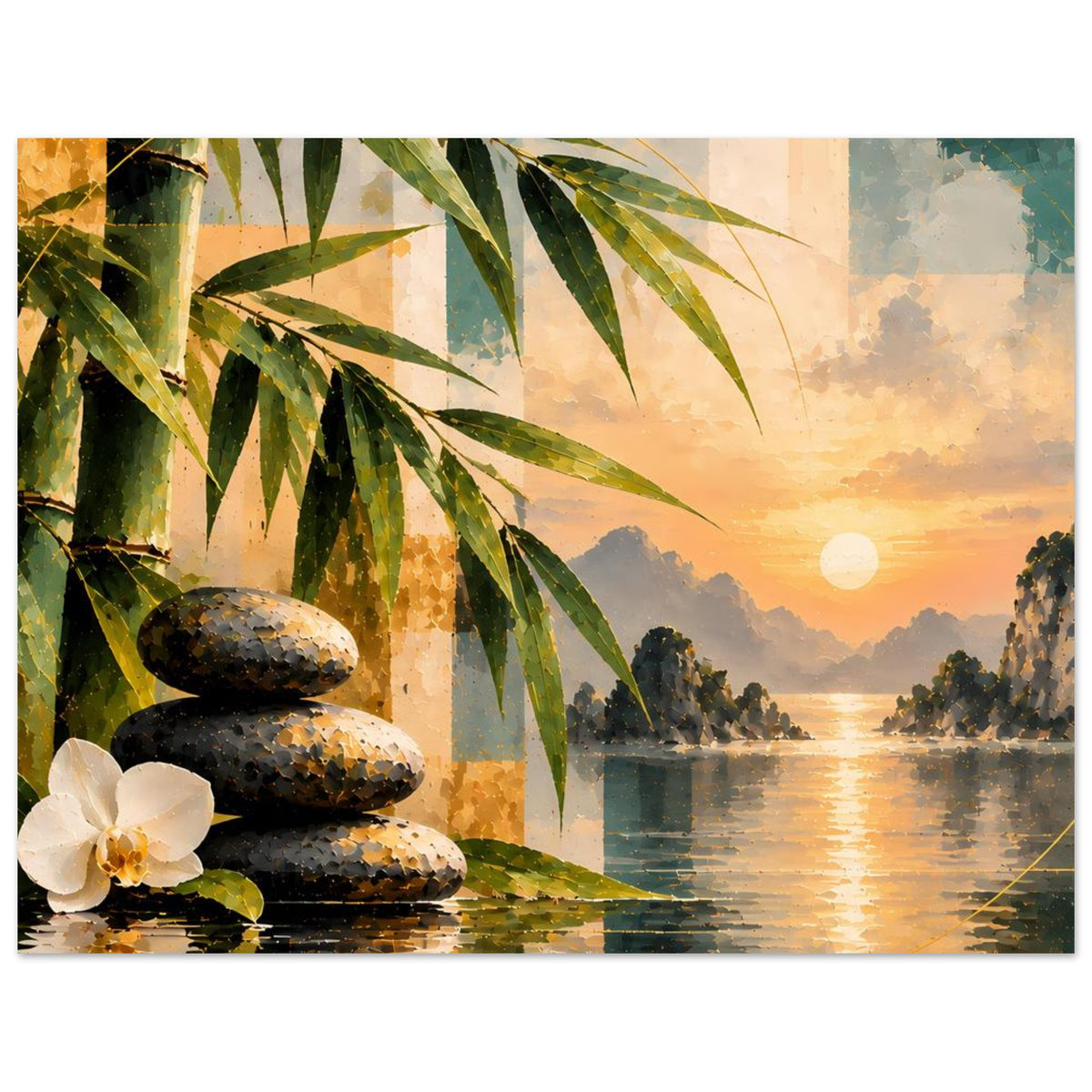 Poster mit Bambuszweigen, Steinen, Orchidee und Flussreflexionen beim Sonnenuntergang