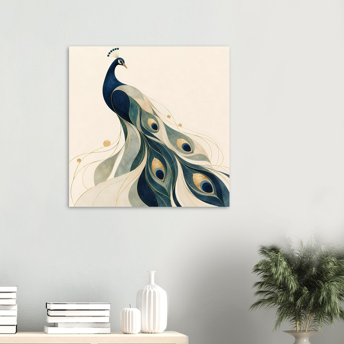 Quadratisches Pfauenporträtposter mit blauen, grünen und goldenen Federaugen