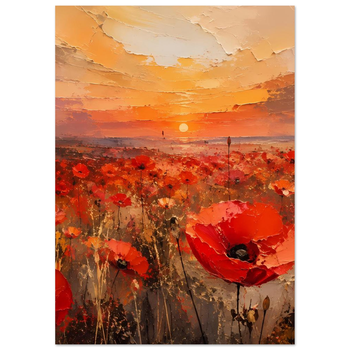 Hochkant-Poster mit roten Mohnblumen und orange-gelbem Sonnenuntergang