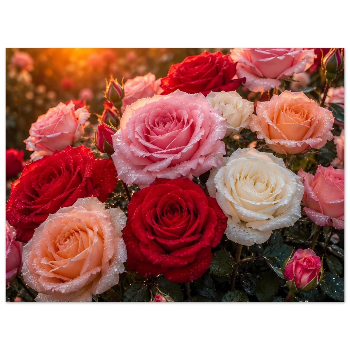 Rosenposter mit detailreichen Blüten: rote, rosafarbene, cremefarbene und weiße Rosen
