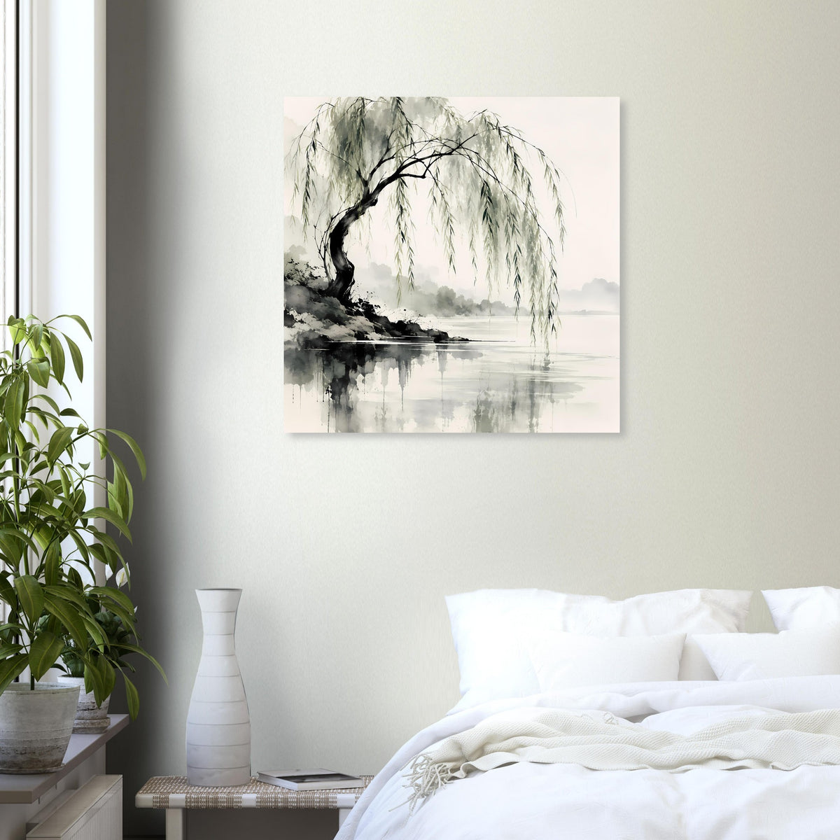 Naturposter mit Weidenbaum und herabhängenden Zweigen, Landschaft mit Wasserfläche, Grau