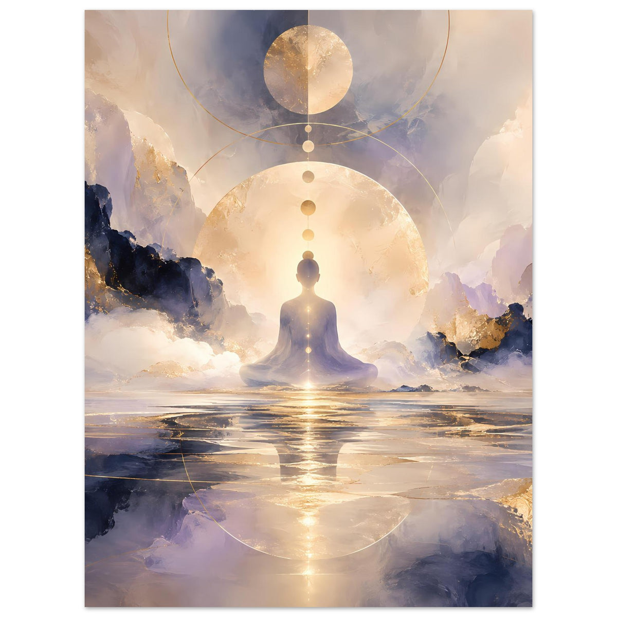 Vertikales Poster: Meditationsfigur zwischen goldenen Kreisen, Lichtreflexe auf Wasser
