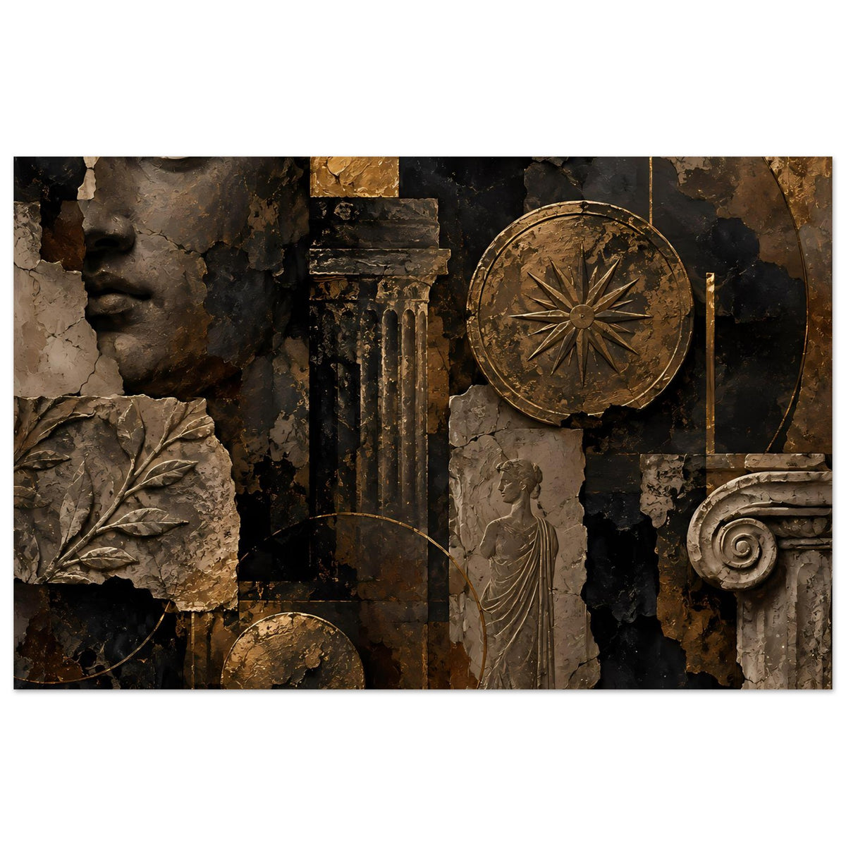Wandposter mit antikem Relief: Büste, Säule, kreisförmige Scheibe & Statue in Bronze/Schwarz