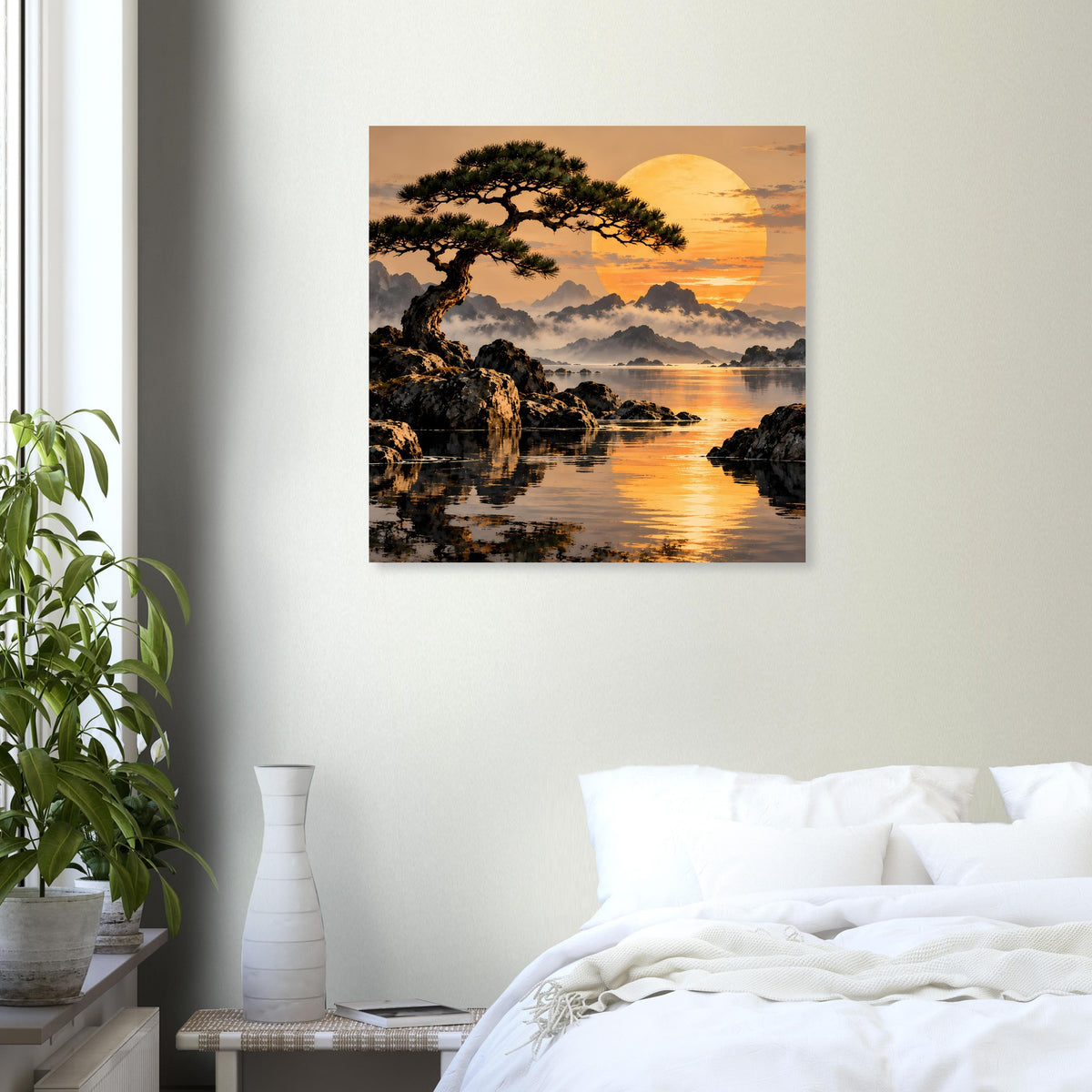 Landschaftsposter: Baum und Felsen am See bei Sonnenuntergang