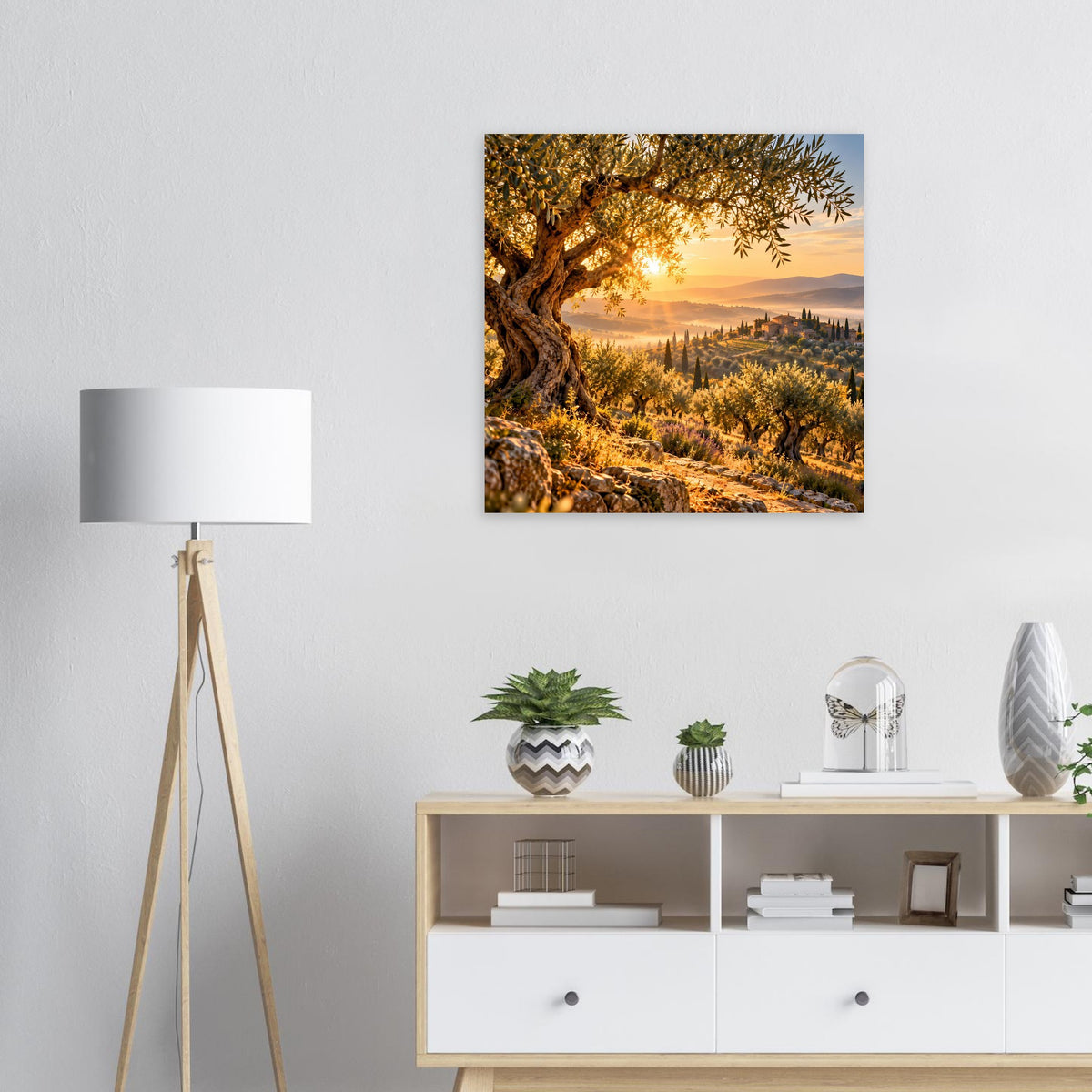 Quadratisches Landschaftsposter: Olivenhain bei goldenem Sonnenaufgang mit Hügeln