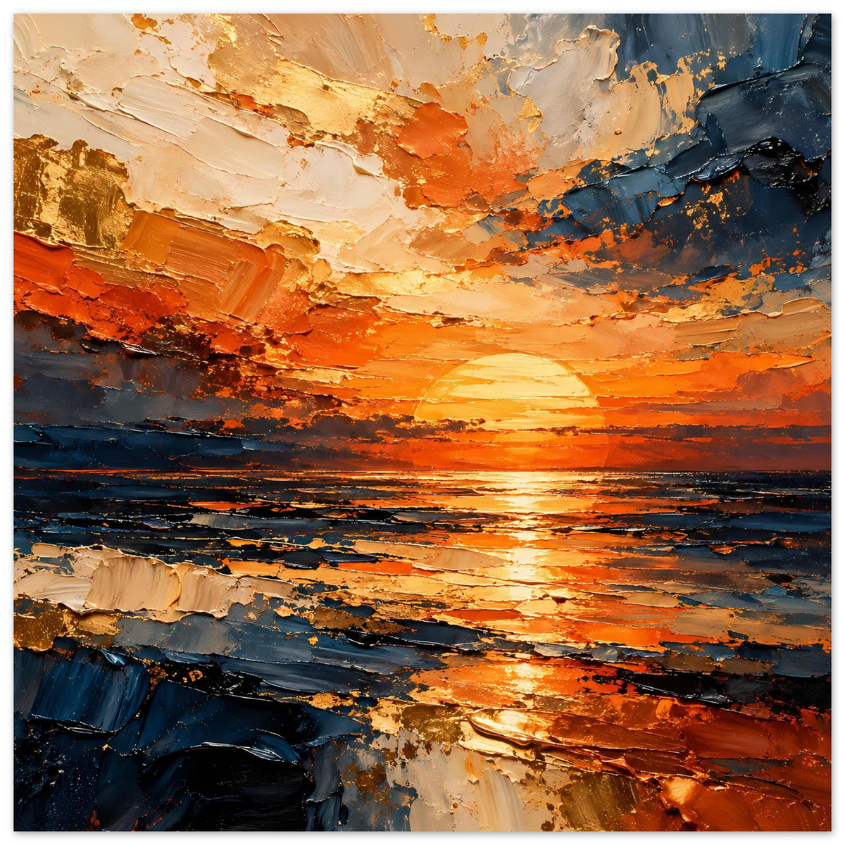 Poster mit abstraktem Sonnenuntergang am Meer, orange und blaue Farbübergänge, strukturiert