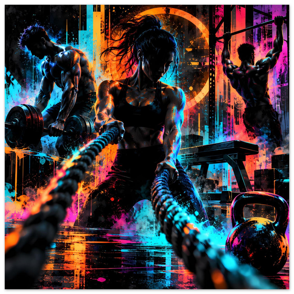 Neon-Fitnessposter im Querformat mit drei Trainierenden, Hanteln, Kettlebell und Neon-Optik.