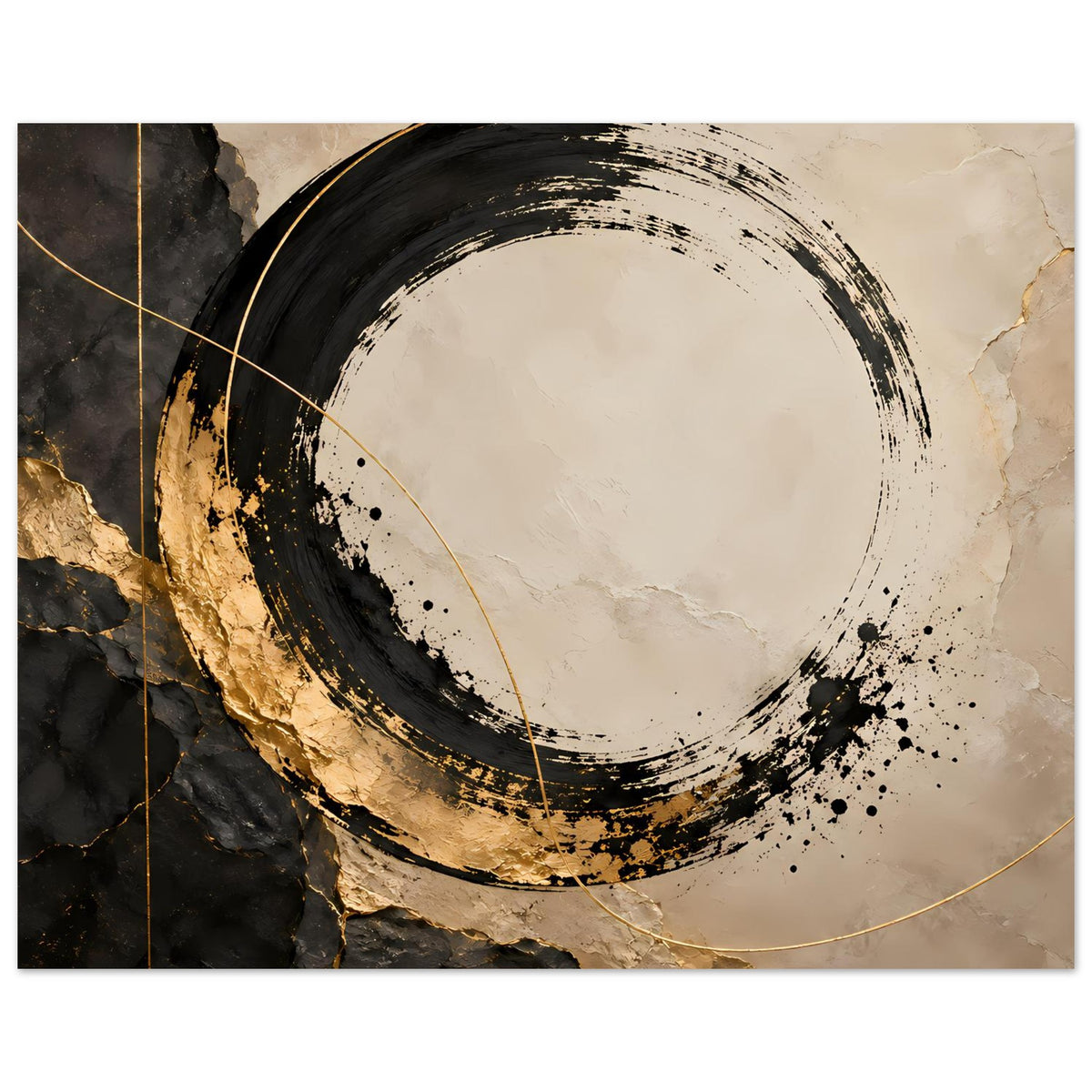 Abstraktes Kunstposter (horizontal) mit dunklem Kreisring, goldenen Akzenten und hellem Hintergrund