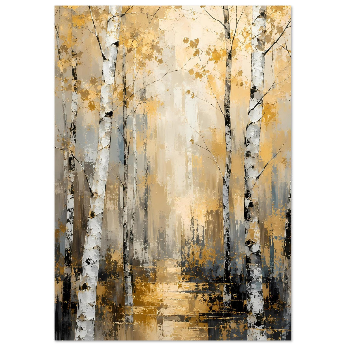 Poster mit Birkenwald-Motiv: helle Baumstämme, goldbraune Streifen, blau-graue Nuancen
