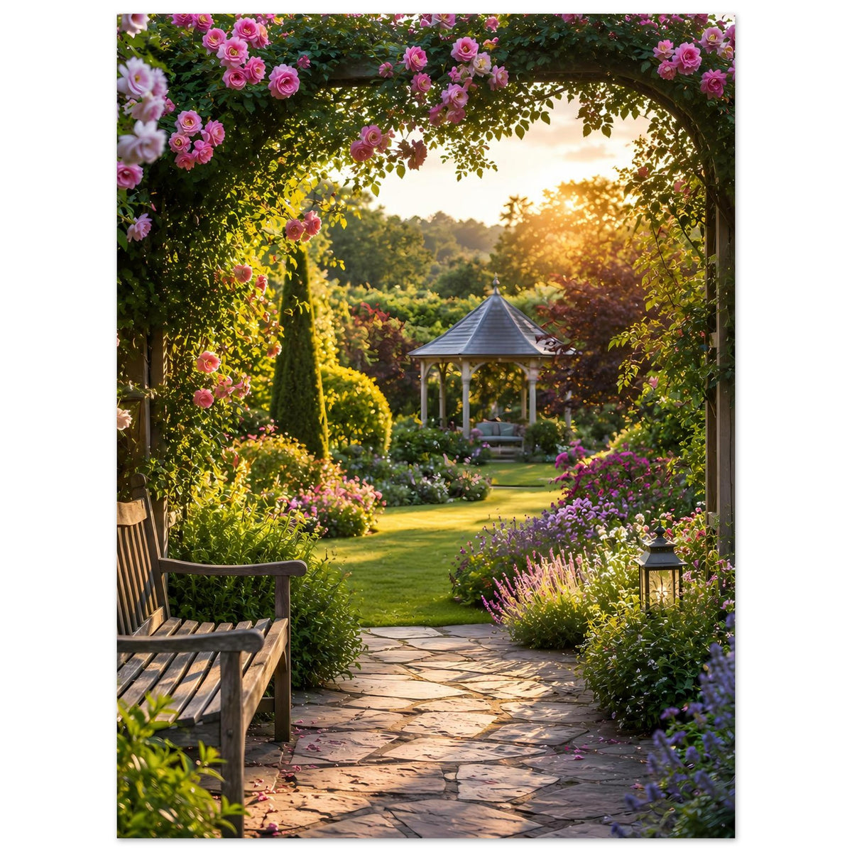 Hochformat-Naturposter: Blumenbogen mit Laterne, Gartenweg und Pavillon im Sonnenlicht