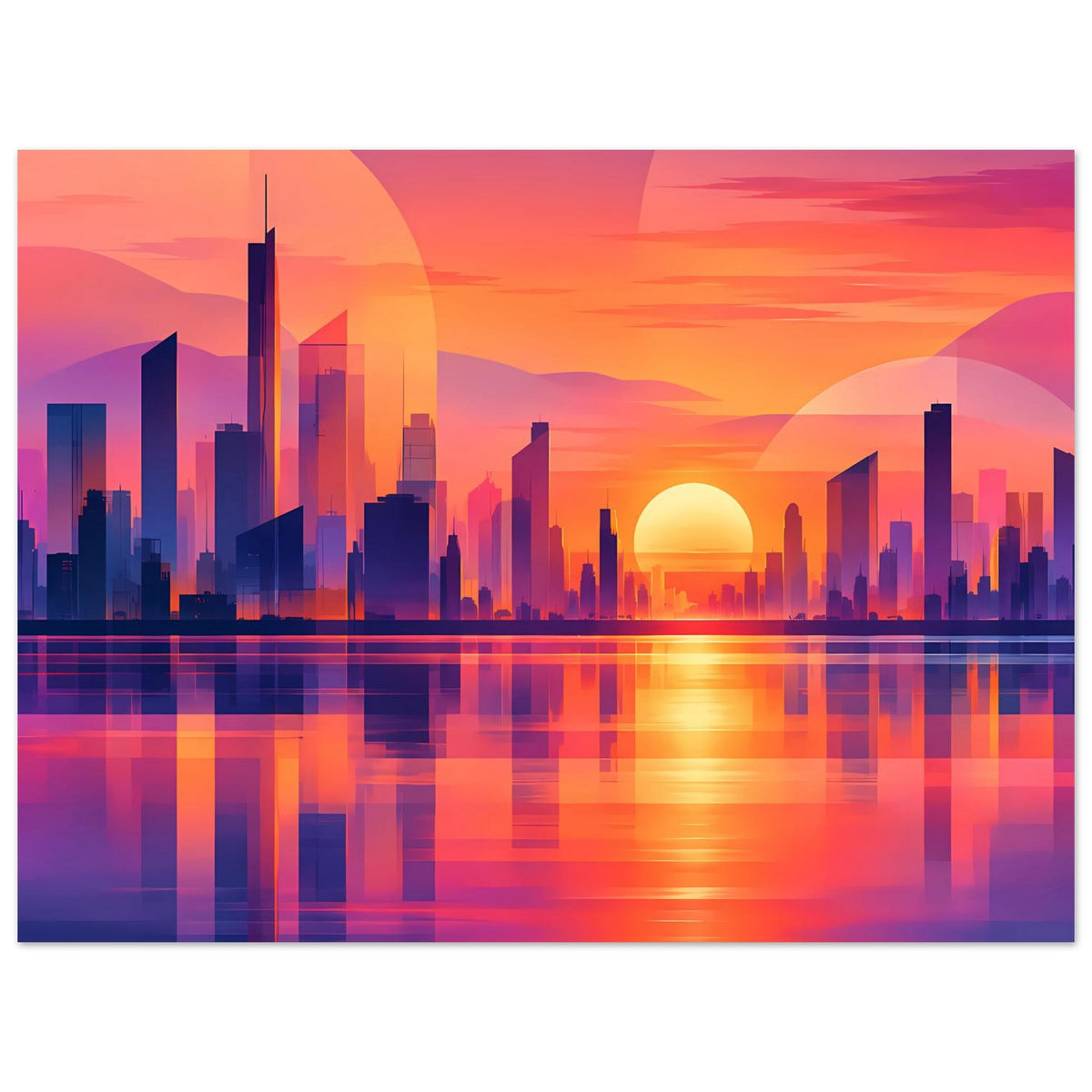 Stadtposter im Querformat mit buntem Stadtpanorama, Sonne am Horizont und Reflexionen