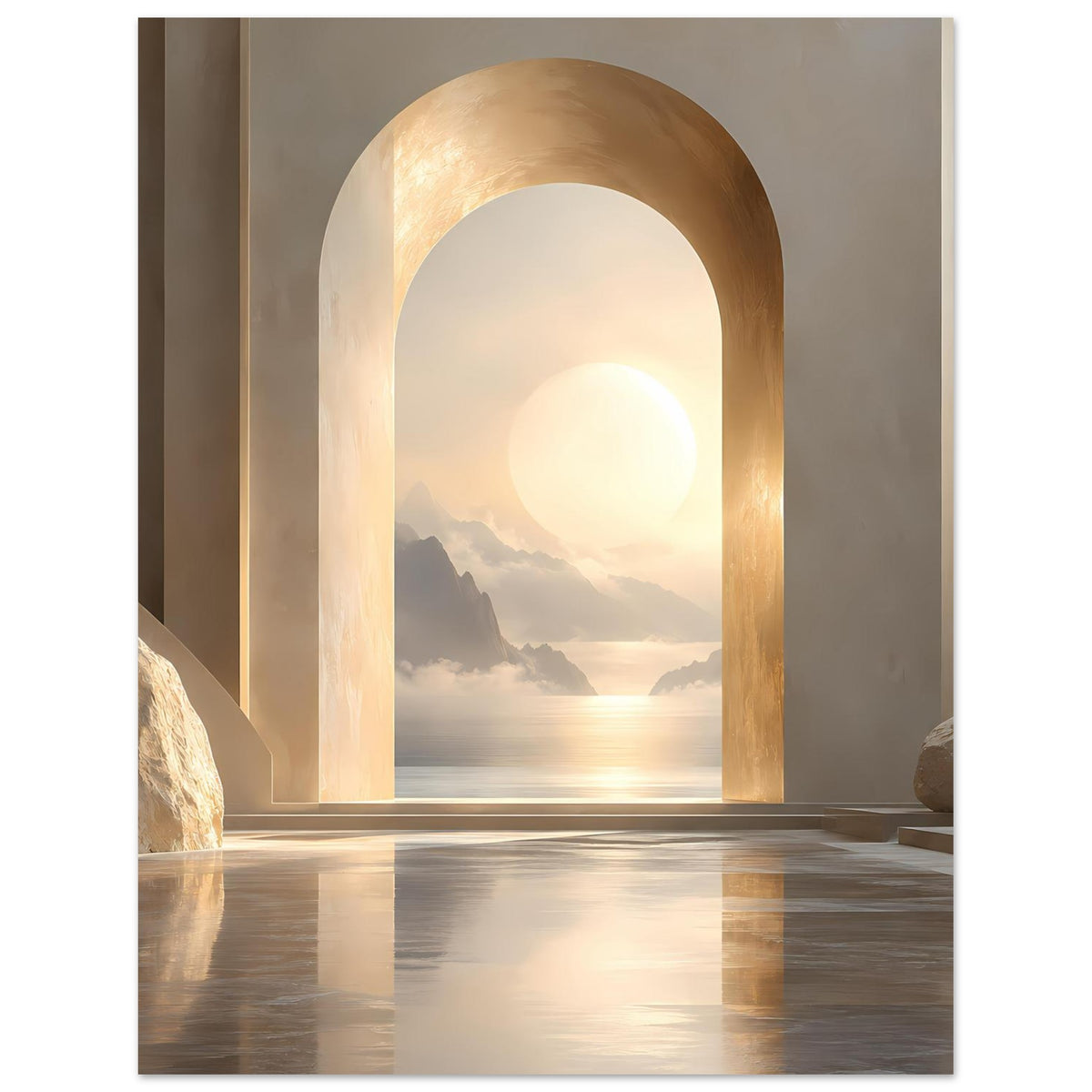 Wandposter mit goldenem Torbogen, sanftem Sonnenaufgang über Meer und felsigen Küsten