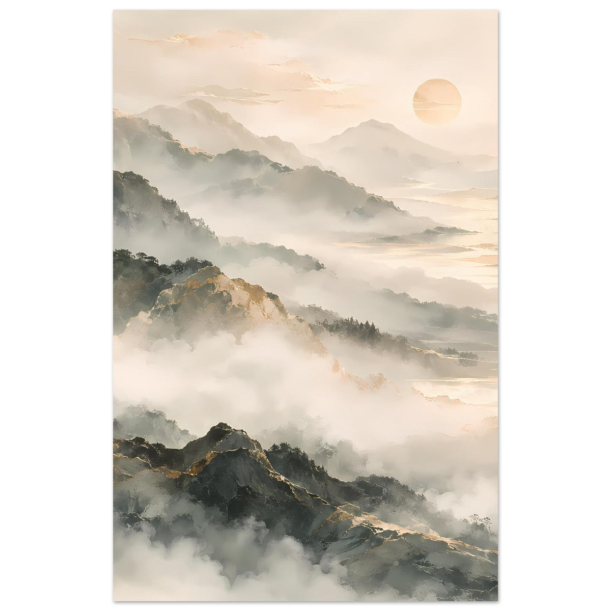 Vertikales Poster mit nebliger Berglandschaft, goldener Sonne und warmen Pastelltönen