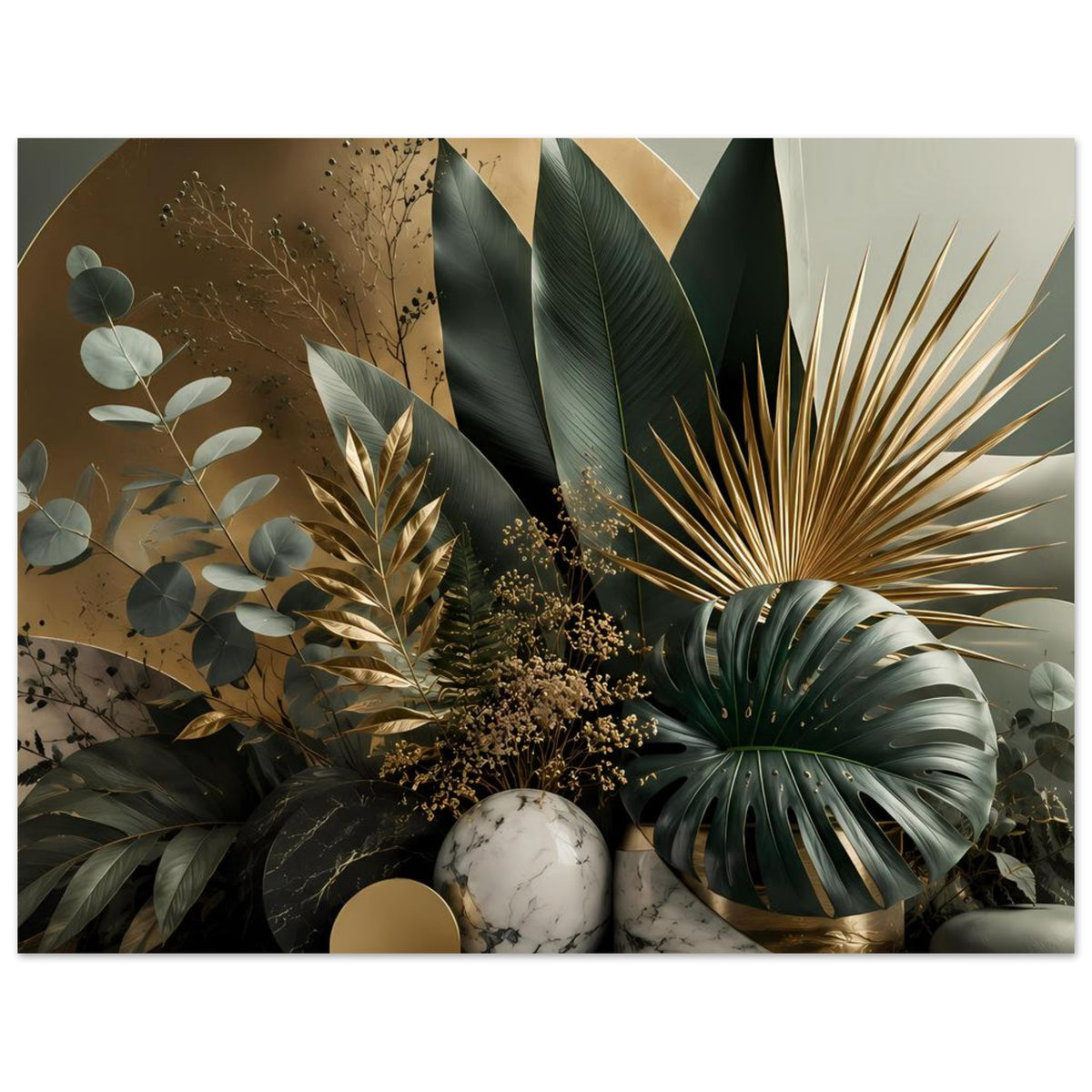 Horizontales botanisches Poster mit goldenen Linien, Palmenblättern und Marmorkugeln