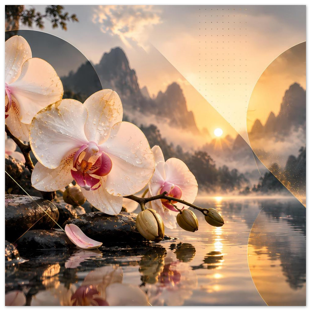 Horizontales Blumenposter mit weißen Orchideen, Sonnenpunkt in der Ferne und Bergsilhouetten